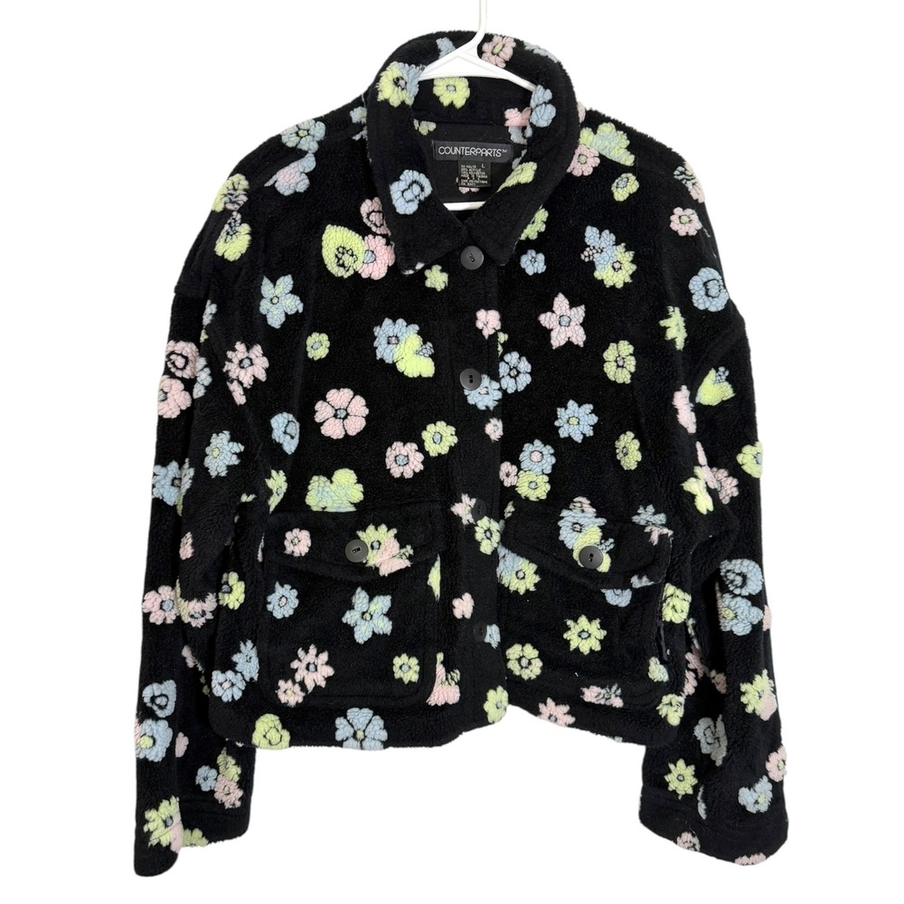 Counterparts L Black Floral Fleece Jacket Button Front Collared Cottagecore Cozy